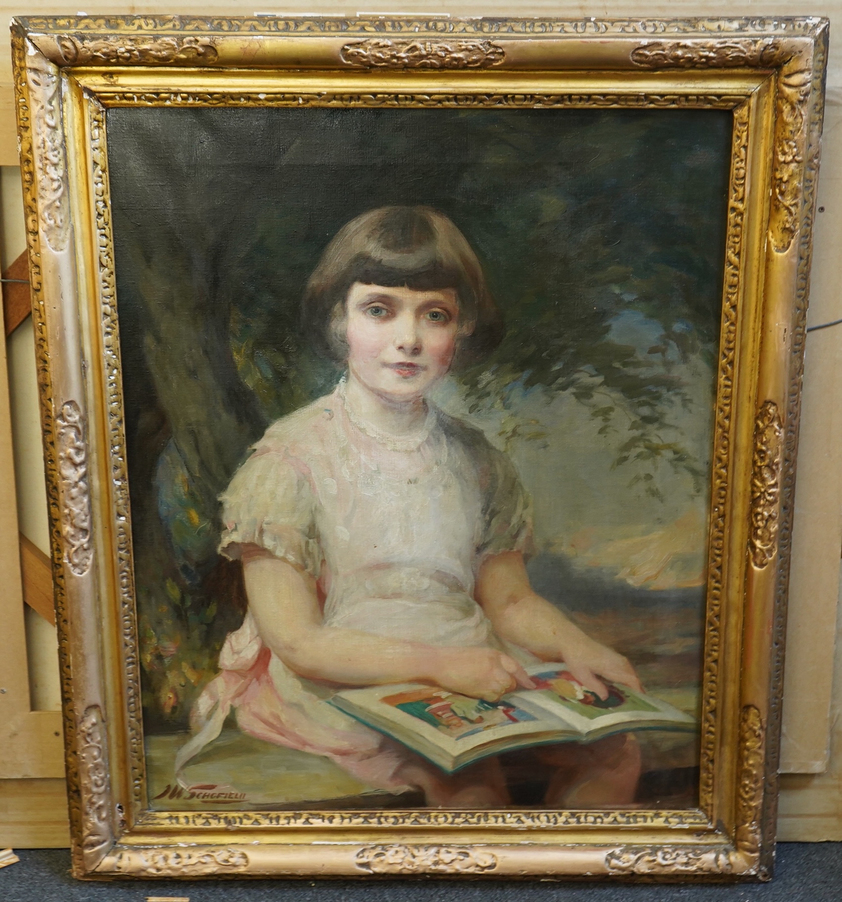 John William Schofield (1865-1944), Portrait of a girl holding a book, oil on canvas, 74 x 60cm